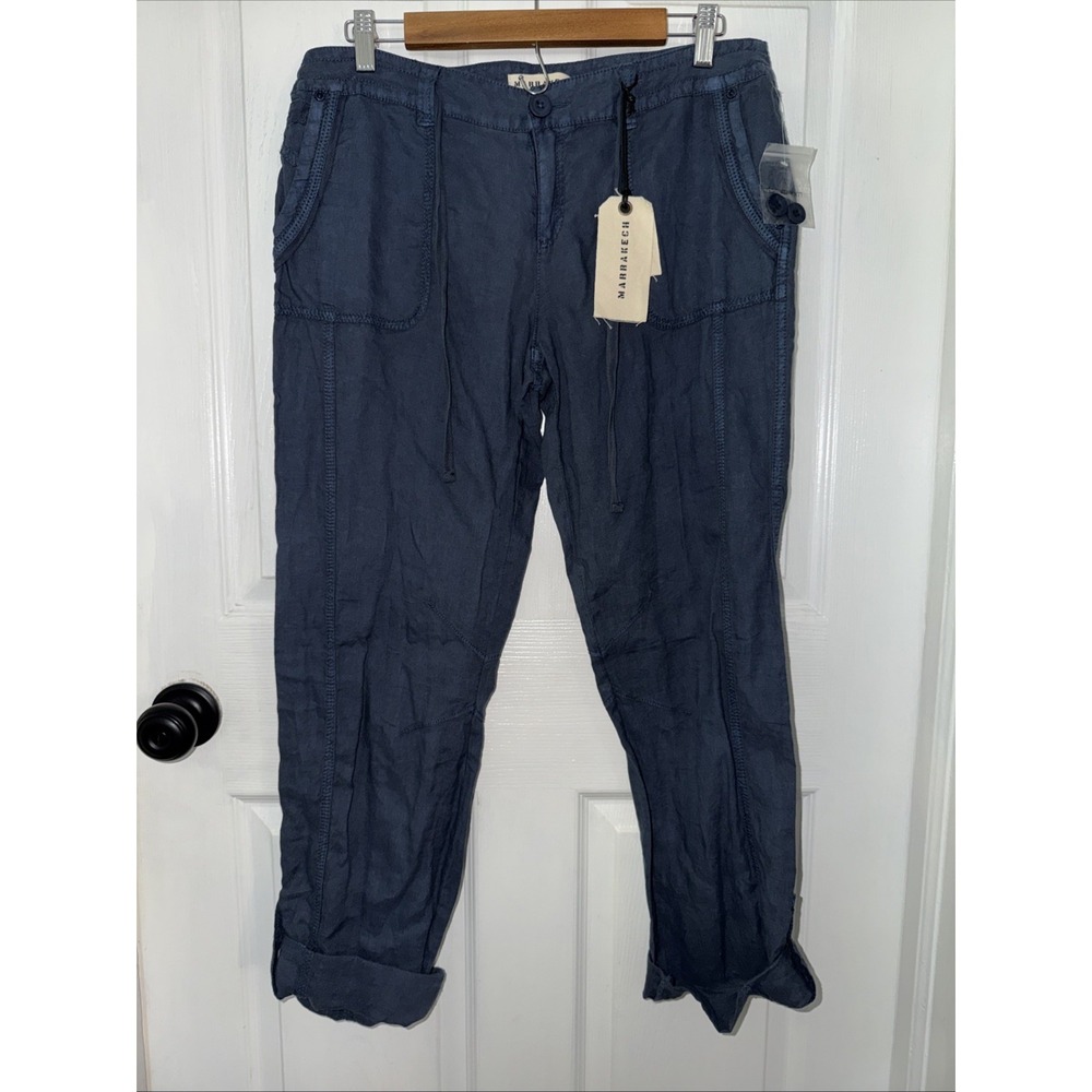 NEW Marrakech Women's Blue Drawstring Linen Pants Safari Sz 8 Rolled Hem Pockets